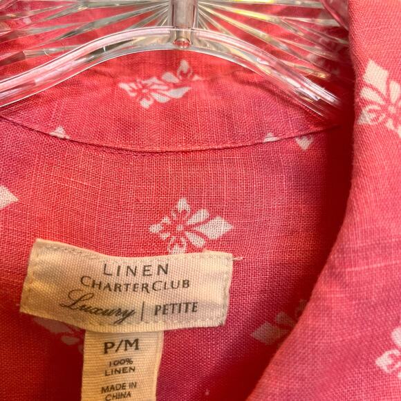 Linen Club Luxury Button Front Pink Floral Long Sleeve Top Petite M - Picture 3 of 8